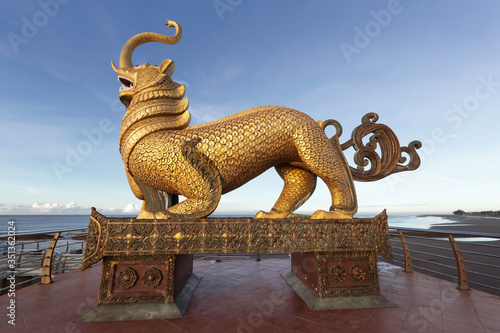 The Bya La statue at the Sittwe Viewpoint park, Viewpoint beach and the Bay of Bengal in the background, Sittwe, Rakhine, Myanmar (Burma), Asia photo