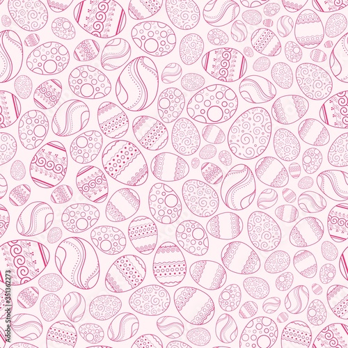 Vector seamless pattern with easter eggs with geometric elements on a pink background. Ornamental image for Easter celebration. Picture for packaging and textiles. Easter card