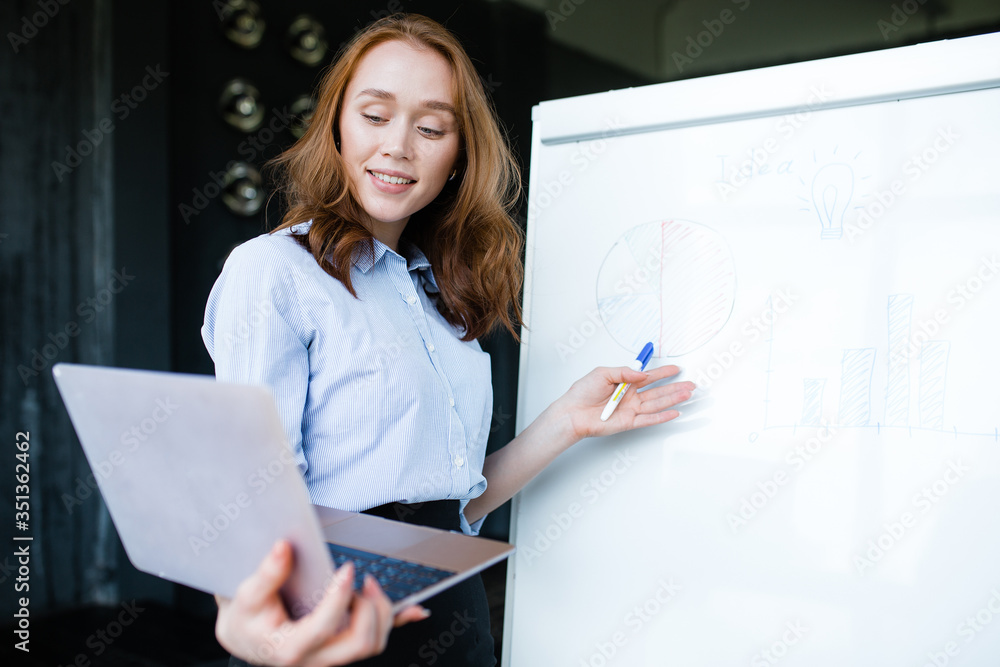 Red-haired Business coach communicates and teaches pupils through a web conference. White board and laptop Red-haired Business coach communicates and teaches pupils through a web conference. White board and laptop