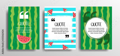 Quote frames set of blank templates with summer themes on a watermelon background. Summer template set, summertime vacation quotes with fun season illustrations. Ideal for greeting card.