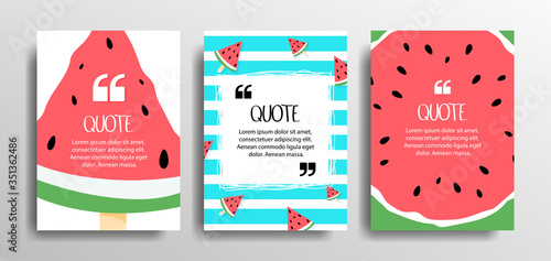 Quote frames set of blank templates with summer themes on a watermelon background. Text in brackets, quote from empty speech bubbles, quotes. summer, layout design, greeting card, cover, banner