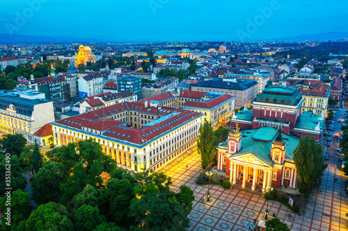 Aerial view by drone of Ivan Vazov National Theatre, Sofia, Bulgaria, Europe photo