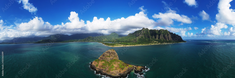 Aerial view by drone of Kaneohe Bay and Mokolii island (Chinaman's Hat), Oahu Island, Hawaii, United States of America, North America Aerial view by drone of Kaneohe Bay and Mokolii island (Chinaman's Hat), Oahu Island, Hawaii, United States of America, North America