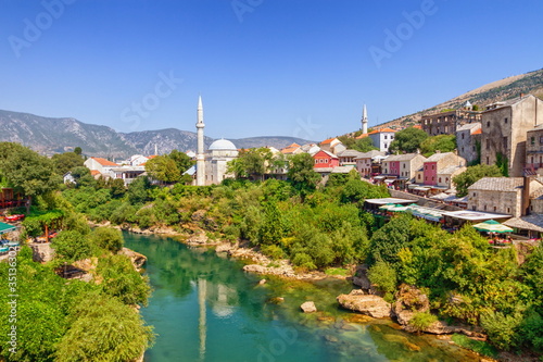 View of old city of Mostar and Neretvy river by day, Bosnia and Herzegovina