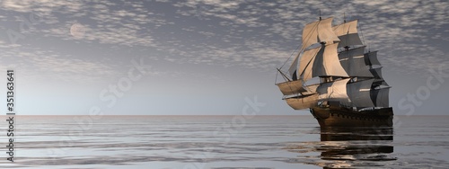Beautiful old merchant ship floating on quiet water by cloudy night - 3D render
