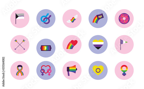 lgbt flags and pride icon set, block style
