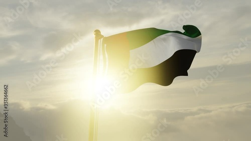 Flag of United Arab Emirates Waving in the wind, Sky and Sun Background, Slow Motion, Realistic Animation, 4K UHD 60 FPS Slow-Motion