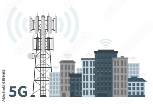 Innovative smart city of future with 5G base station mast on white background, flat vector illustration of telecommunication antennas and signal, cellular equipment and mobile data towers.