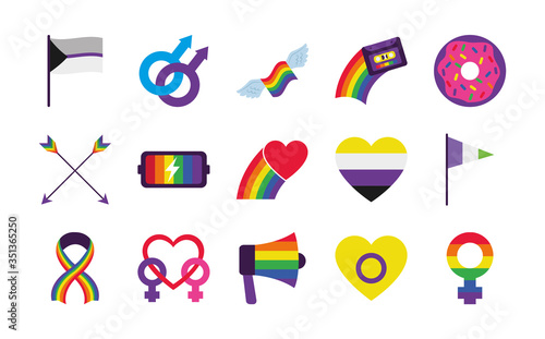 lgbt flags and pride icon set, flat style