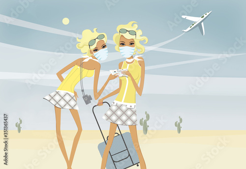 Two blondes in medical masks with a suitcase and plane tickets in their hands. Tourism and quarantine. Illustration