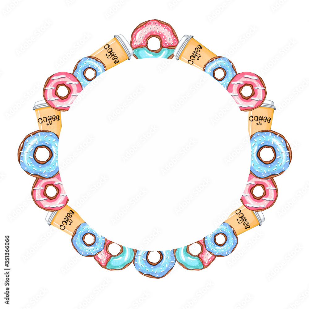 frame with donuts of bright and juicy colors, donuts of pink and yellow and blue, print, card, invitation, menu