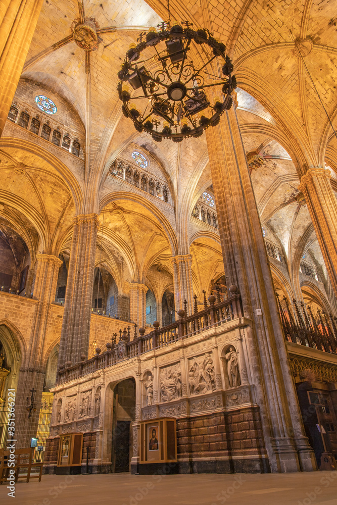 BARCELONA, SPAIN - MARCH 4, 2020: The  nave of The Cathedral of the Holy Cross and Saint Eulalia.