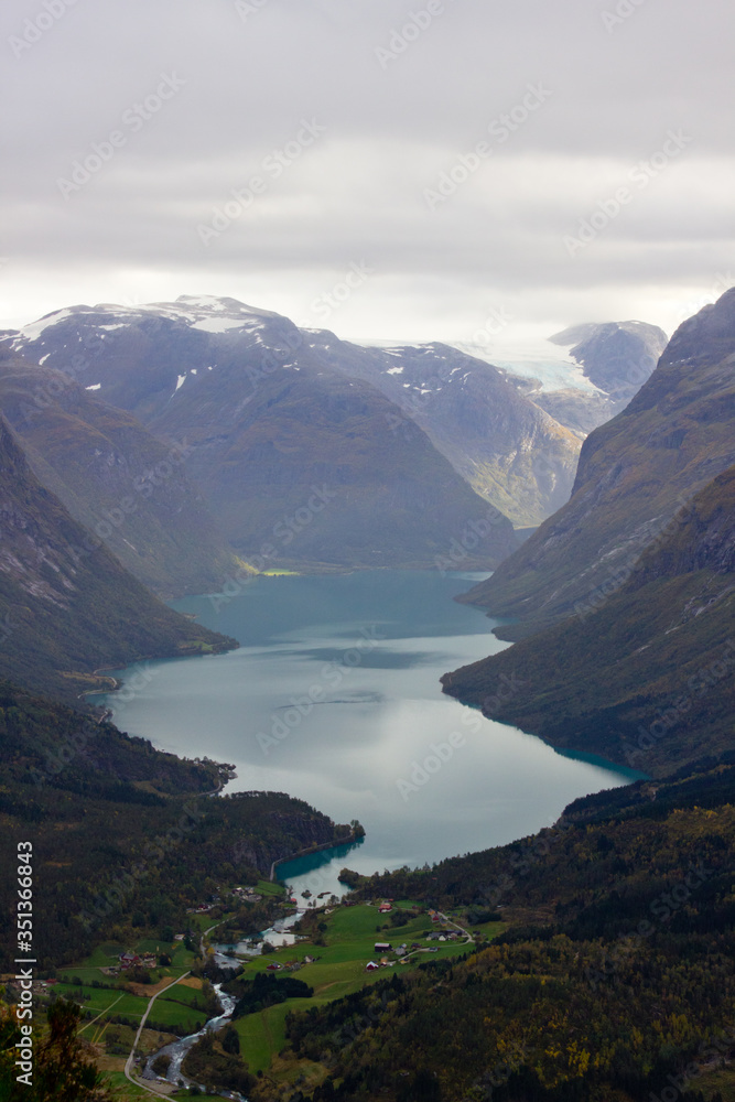 Scenic view of valley and nLovatnet near Via ferrata at Loen,Norway with mountains in the background.norwegian october morning,photo of scandinavian nature for printing on calendar,wallpaper,cover