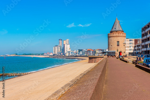 Coastline of Flushing (Dutch: Vlissingen), a city in the Dutch province of Zeeland, Netherlands. The Prison Tower to the right was completed in the late 15th century. photo