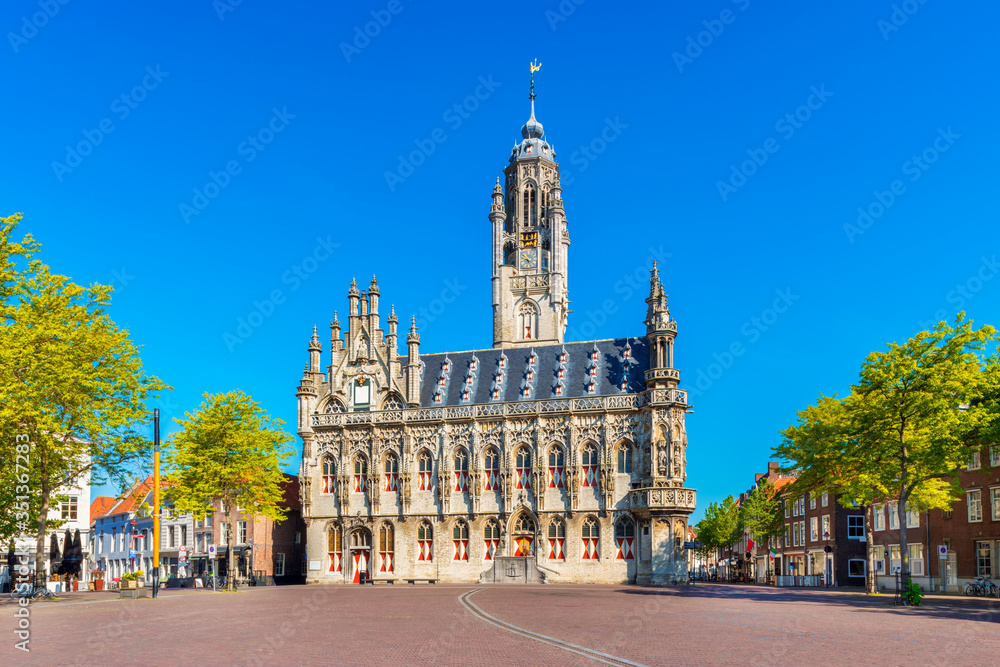 City Hall of Middelburg, Zeeland province, Netherlands. The late gothic styled building was completed in 1520. Middelburg is the capital of Zeeland.