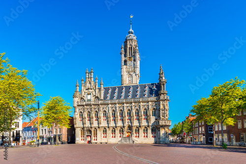 City Hall of Middelburg, Zeeland province, Netherlands. The late gothic styled building was completed in 1520. Middelburg is the capital of Zeeland.