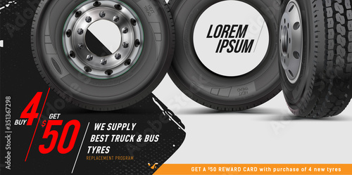 Truck tire, wheel of semi truck banner.  Realistic vector shining disk. Trucking Industry banners. Logistic truck driver delivery service business card template. New Truck wheel class eight.