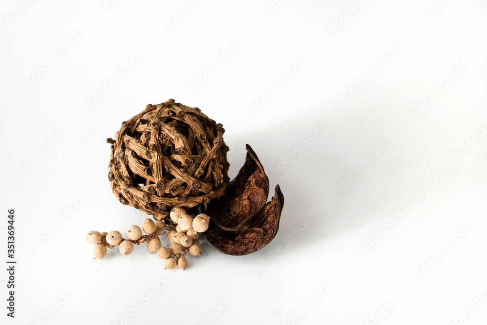 Nature object (canela, ball of larch branch,
lily petals) for decoration isolated on a white background. Nature object (canela, ball of larch branch,
lily petals) for decoration isolated on a white background.