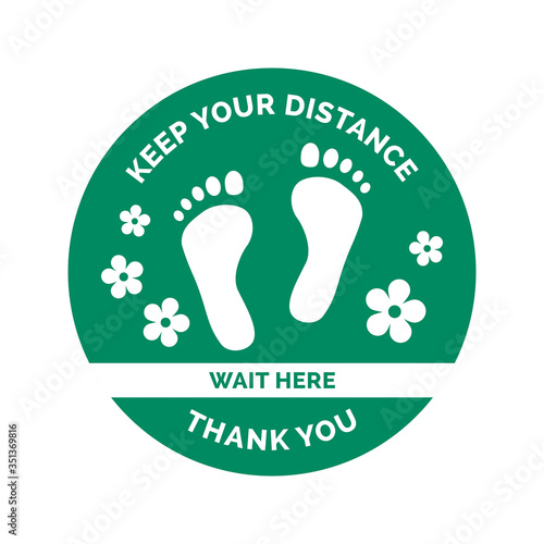 Coronavirus prevention and social distancing: floor sticker sign with feet and flowers