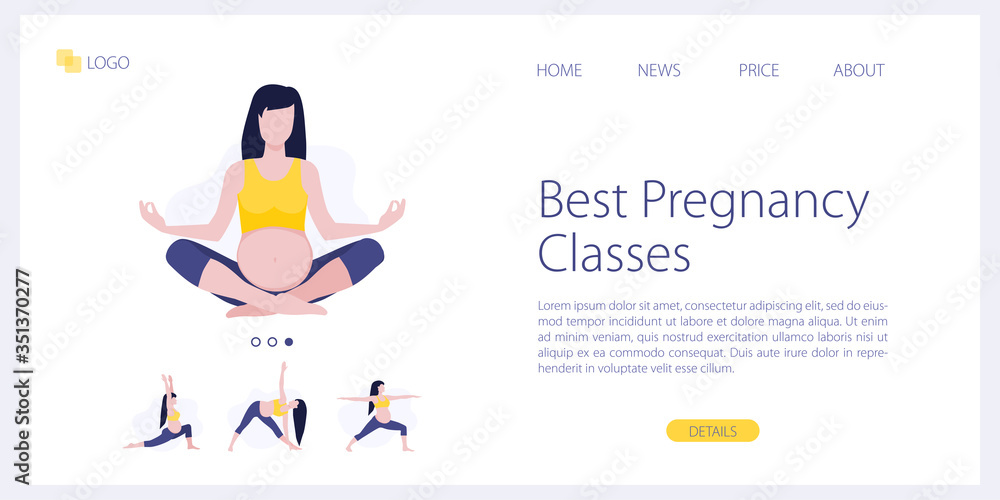 Vector site template of yoga studio or online class. Pregnant yoga fitness concept. Wellness and healthy lifestyle in pregnance. Woman expecting a baby doing yoga exercises. Landing page illustration