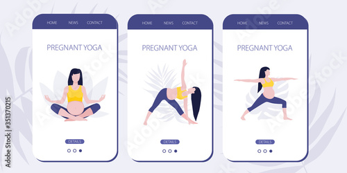 Vector mobile site or mobile app onboarding screens for yoga lovers. Yoga asana poses for woman expecting a baby. Healthy pregnance concept. Pregnant woman doing yoga exercises and yoga poses. © AlyceStrogaya