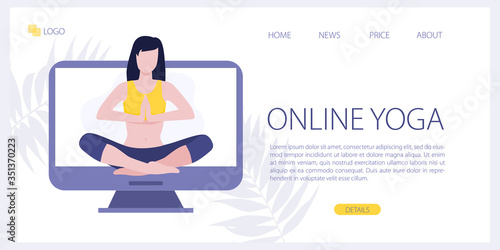 Vector site template of yoga studio or online class. Yoga fitness concept. Wellness and healthy lifestyle at home. Woman or girl doing yoga exercises. Landing page illustration