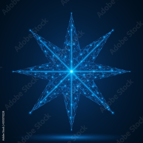 Eight-pointed star. A low-poly model of a geometric shape. Blue background.