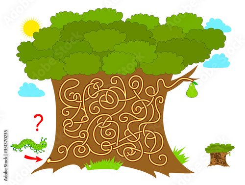 Logic puzzle game with labyrinth for children and adults. Help the little the worm find the way in till the pear. Printable worksheet for kids brain teaser book. IQ test. Flat vector illustration.