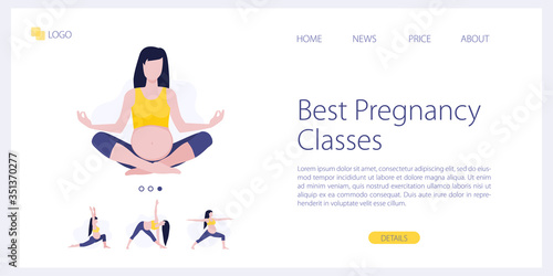Vector site template of yoga studio or online class. Pregnant yoga fitness concept. Wellness and healthy lifestyle in pregnance. Woman expecting a baby doing yoga exercises. Landing page illustration
