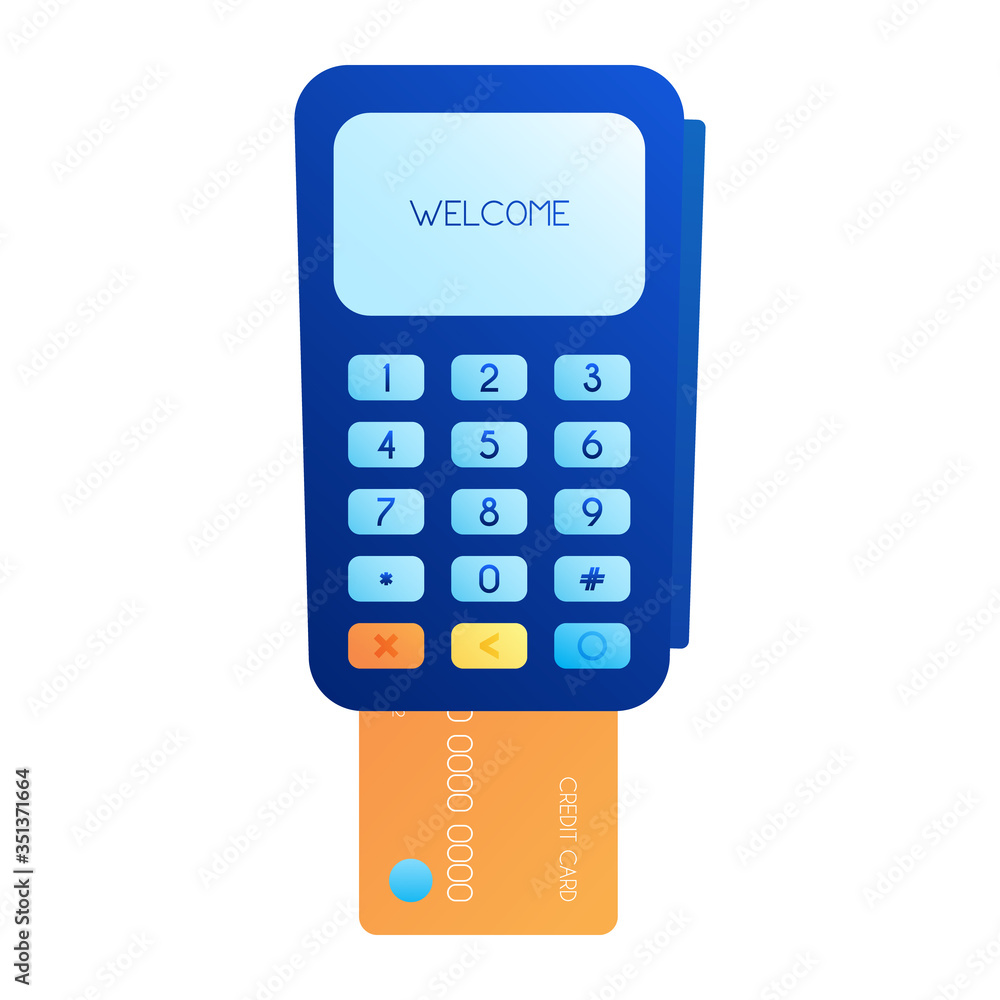 pos terminal and hand with Bank card. Payment for purchases. Payment method. Vector flat illustration pos terminal and hand with Bank card. Payment for purchases. Payment method. Vector flat illustration