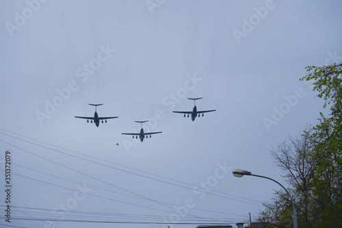 Russian military aircraft flies over the city