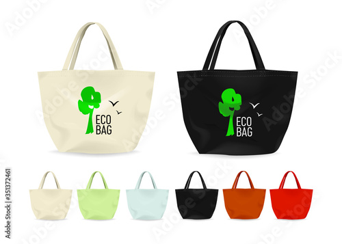 set of large eco  cloth bags. Vector template for Colorful Women Bag summer 2020 design.  Isolated on white background. Flat design fabric shopping bag in different colors.