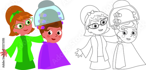 Coloring and isolated 60's hair stylist and woman in beauty salon vector illustration