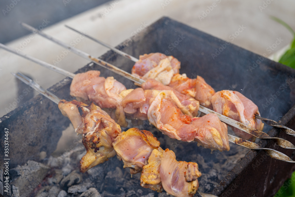 Close up of raw shashlik on skewers. Succulent barbecue roasting on chargrill. Concept of picnic outdoor.