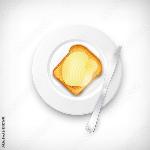White bread toast with spread butter on ceramic plate.