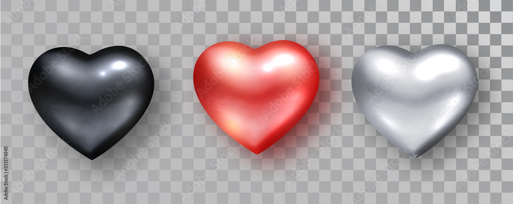 Obraz premium Hearts realistic set. Black, red, silver hearts Isolated. Symbol love heart shape isolated. Vector object for Valentine s Day design, mockup. Vector realistic object Illustration.