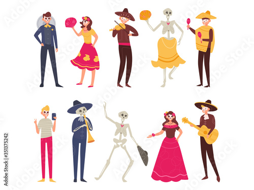 Halloween set Costumes Dia de los muertos Vector. Cartoon. Isolated art on white background. Flat
