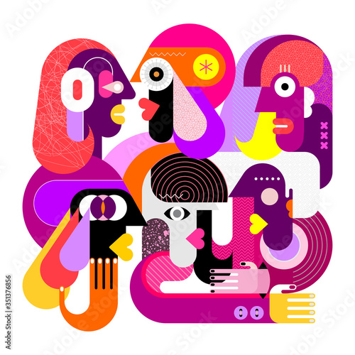 Modern abstract art portrait of six different people, vector illustration. Colorful geometric style graphic artwork isolated on a white background.