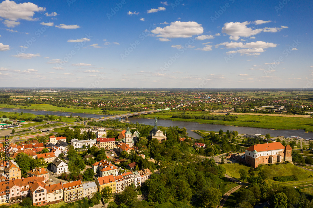 Sandomierz city landscape - historical Polish city - aerial view - obrazy, fototapety, plakaty 