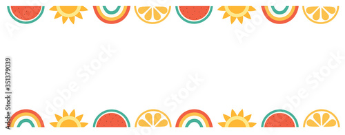 Hello summer, banner design with watermelon, sun, donut and rainbows. Vector illustration 