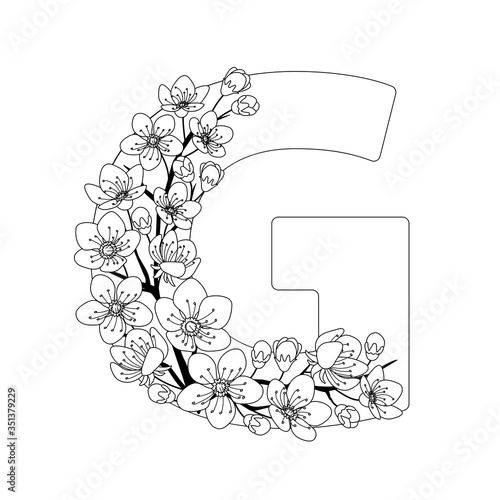 Capital letter G patterned with contour drawn sakura twig