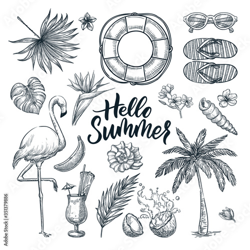 Hello summer hand drawn calligraphy lettering and tropical design elements set. Vector sketch illustration
