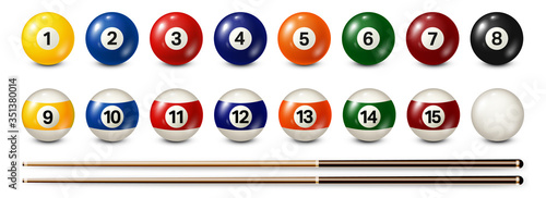 Billiard, pool balls with numbers collection. Realistic glossy snooker ball. White background. Vector illustration. photo