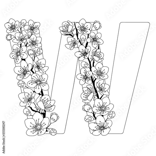 Capital letter W patterned with contour drawn sakura twig