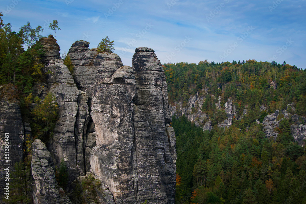 The Bastei rocks in Saxon Switzerland National Park near Dresden, Germany on a sunny autumn day.