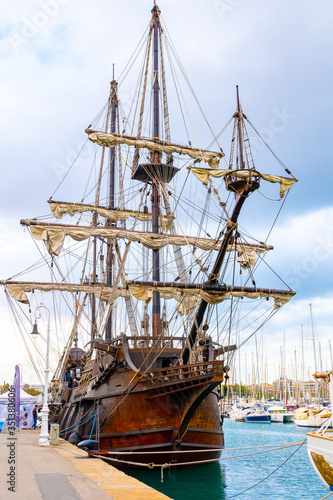 Barcelona, Spain. El Galeon ship, a 17th Century Spanish Galleon Replica vessel from the colonial period, docked in Moll de la Fusta quay at Maritime Museum (Museu Maritim). photo