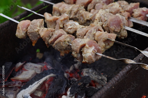 Close up of raw shashlik on skewers. Succulent barbecue roasting on chargrill. Concept of picnic outdoor.
