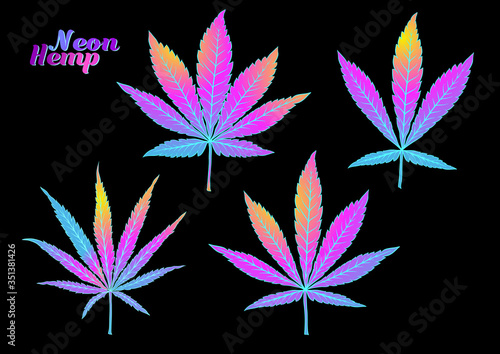 4 grades of cannabis leaf set sativa, indica, hybrid, ruderalis. Clip art, set of elements for design. Vector illustration in neon colors.