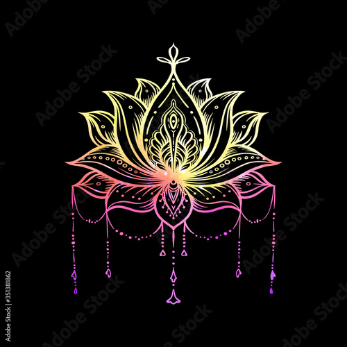 Ornate Lotus flower. Ayurveda symbol of harmony and balance and universe. Tattoo design, yoga logo. Boho print, poster, t-shirt textile. Isolated outline vector illustration in neon colors.