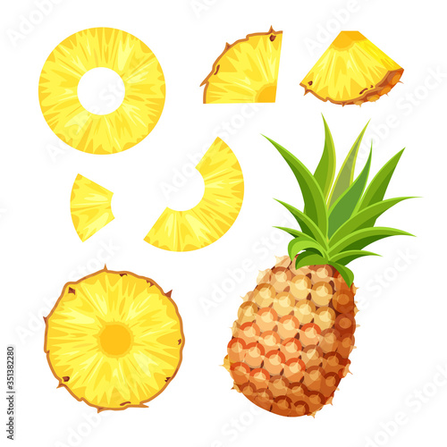 Set of fresh whole, half, cut slice and piece of pineapple isolated on white background. Vegan food vector icons in a trendy cartoon style. Healthy food concept.	